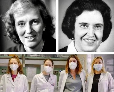 In alto, da sinistra: Dorothy Crowfoot-Hodgkin e Rosalyn Sussman-Yalow; in basso, da sinistra, le ricercatrici di Unimi, Elisa Borghi, Daniela Carmagnola, Claudia Dellavia e Valentina Massa